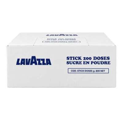 Boîte de 200 doses de sucre bûchette Lavazza 4 g, angle face, couleur blanche avec logo bleu