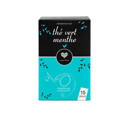 Boîte de face du produit Lavazza Blue Menthe — 15 capsules avec couleurs noir et turquoise