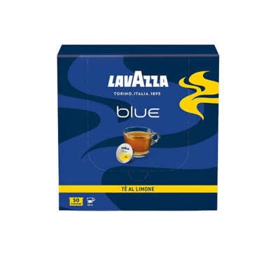 Кутия Lavazza Blue Al Limon — 50 капсули, изглед отпред, сини и жълти цветове, видимо лого на Lavazza
