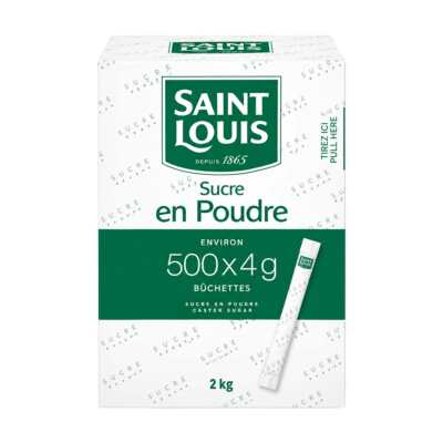 500g box of Saint Louis sugar sticks, white and green colour, logo visible on the front