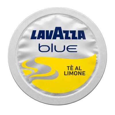 Détail d'une capsule Lavazza Blue Al Limon avec un fond argenté et un logo bleu et jaune