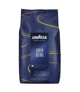 Beutel mit Super Crema Lavazza Kaffeebohnen, 1 kg, blaues Design mit gelben Mustern und zentralem Etikett.