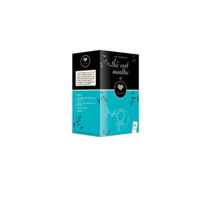 Кутия отстрани на сашето Lavazza Blue Mint — 15 капсули, черни и тюркоазени цветове, видимо лого