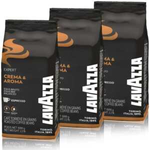 Кафе на зърна Lavazza Crema &amp; Aroma Expert 3 кг, черна опаковка с оранжево-бяло лого, модерен дизайн.
