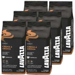 Lavazza Crema &amp; Aroma Expert 6 кг торбички кафе на зърна, черни с оранжево и бяло лого, семеен размер.