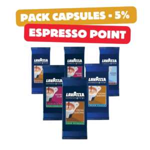 Pack de cápsulas Lavazza Espresso Point com embalagem azul e etiquetas coloridas, em vários tamanhos.