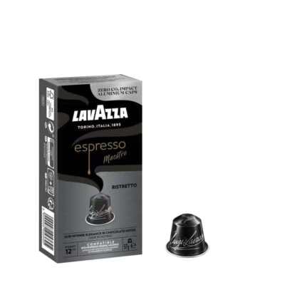 Boîte de face avec 100 capsules compatibles Nespresso Lavazza Maestro Ristretto, couleurs noir et gris, logo visible