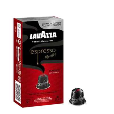 Boîte de face avec logo Lavazza, Lavazza Maestro Classico — 100 capsules compatibles Nespresso