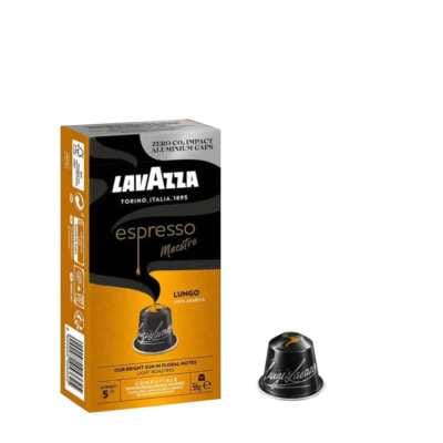 Boîte de face avec logo Lavazza, Lavazza Maestro Lungo — 100 capsules compatibles Nespresso