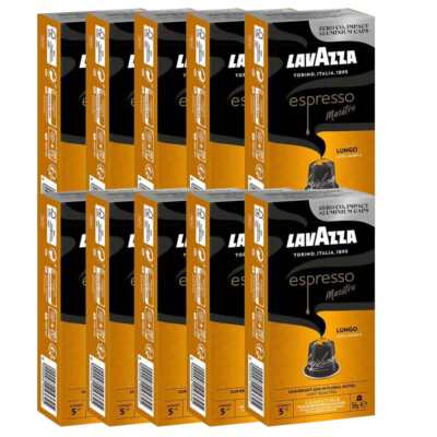 Pakke med 100 Nespresso-kompatible Lavazza Maestro Lungo-kapsler, set forfra, dominerende farver orange og sort