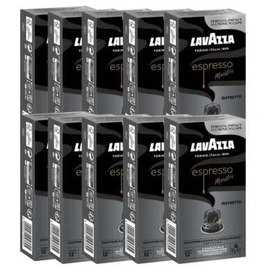 Pack de 10 boîtes de Lavazza Maestro Ristretto — 100 capsules compatibles Nespresso, couleurs noires et grises
