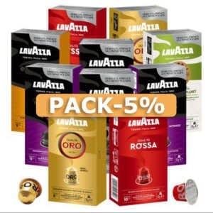 Опаковка капсули Lavazza Nespresso, включваща няколко разновидности с цветна опаковка и етикет "PACK-5%".