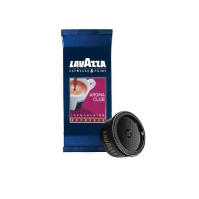 Sachet de Lavazza Espresso Point Aroma Club Espresso — 100 capsules, couleur bleue, logo visible, détail de la capsule