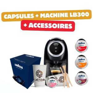 Kit complet Lavazza Blue LB300 avec 200 capsules, machine noire, accessoires et emballage bleu.