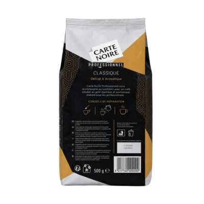 Embalagem preta e dourada para café instantâneo Carte Noire Classique Professionnel 500g com logótipo e informação legível