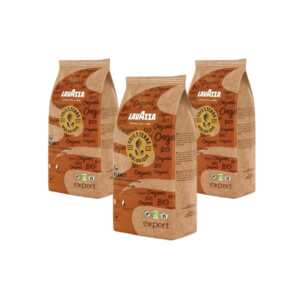 Ziarna kawy organicznej Lavazza 3 kg, opakowanie typu kraft z logo, kolory brązowy i beżowy, widoczne trzy opakowania.