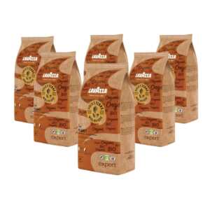 Ziarna kawy ekologicznej 6 kg Voix de la terre Lavazza, brązowe worki ze złotym logo i zielonymi etykietami.