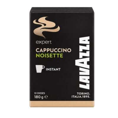 Embalagem frontal do produto Lavazza Expert Cappuccino de Avelã — 10 doses, cores preto e dourado, logótipo visível