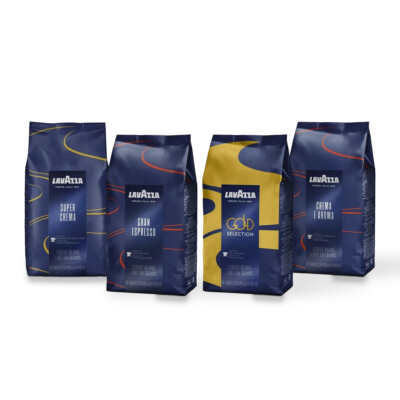Coffret Dégustation Lavazza : quatre paquets de café en grains Lavazza de 1 kg : Super Crema, Gran Espresso, Gold Selection et Crema e Aroma