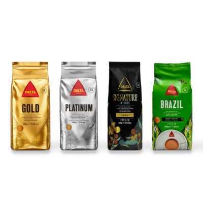Zawartość zestawu Portugal Delta: cztery opakowania kawy ziarnistej marki Delta Cafés po 500 g: Gold, Platinum, Signature Intense i Brazil