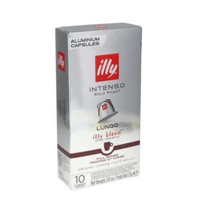 Caja frontal, color plata, illy Lungo Intenso — 10 cápsulas compatibles con Nespresso