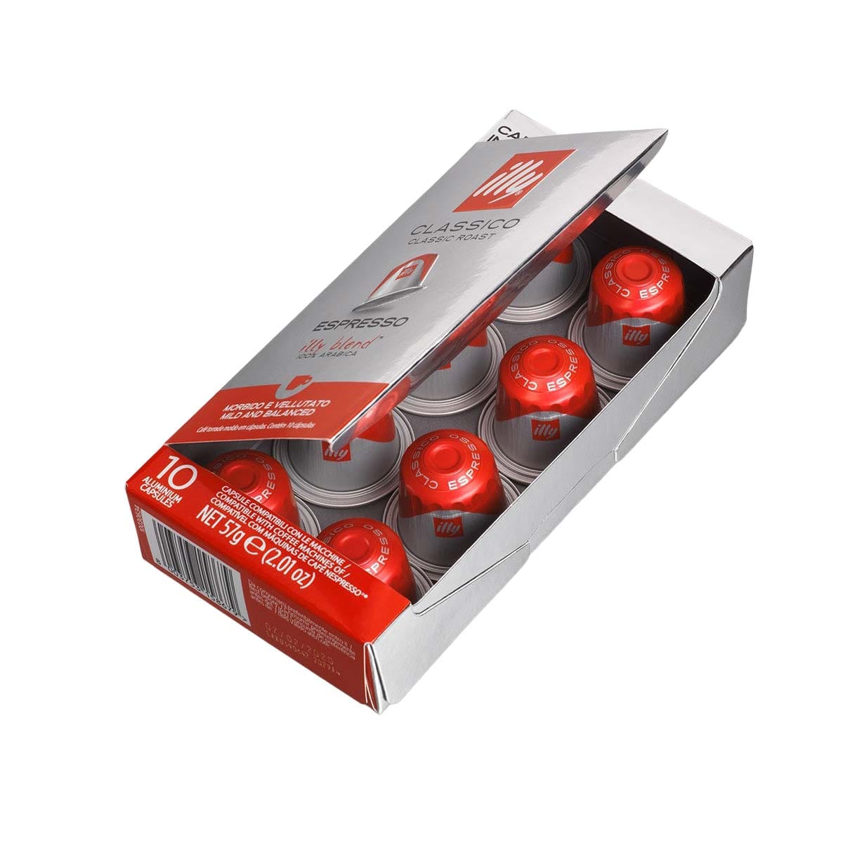 10-illy-espresso-classico-združljivih-nespresso Odprta škatla z 10 rdečimi kapsulami illy Espresso Classico, združljivimi z Nespressom