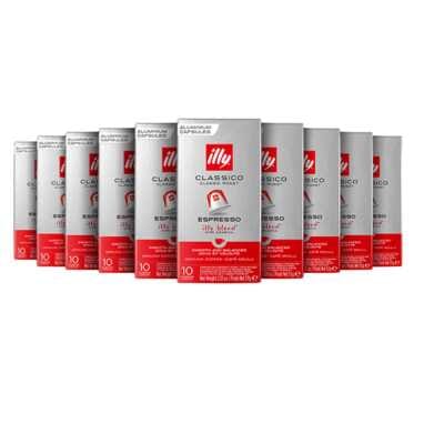 Škatla s 100 kapsulami illy Espresso Classico, združljivimi z Nespressom, sive in rdeče, pogled od spredaj