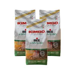 Boabe de cafea ESPRESSO MIX 3x1 KG, pliculețe argintii cu logo roșu și elemente grafice colorate.