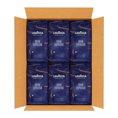20 adet 1 kg'lık Lavazza Gran Espresso çekirdek kahve paketi, mavi renk, görünür logo