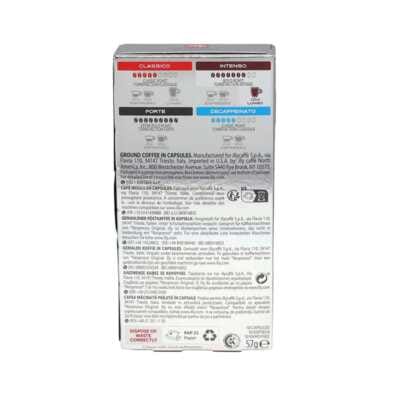 Parte posterior de la caja de illy Lungo Intenso: 10 cápsulas compatibles con Nespresso con información y logotipos visibles
