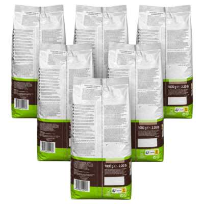 Pack de 6 sachets de 1 kg du café en grains Kimbo Bio, vue de face, couleurs vertes et marron, logo visible