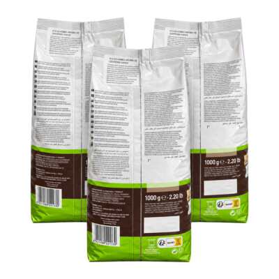 Pack de 3 sachets de 1 kg du café en grains Kimbo Bio, vue de dos avec étiquettes lisibles