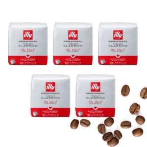 Kávové kapsle Illy Iperespresso Classico Roast, bíločervené balení, 90 kusů, viditelná kávová zrna.