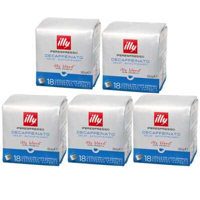 Pět krabiček po 18 kapslích illy Iperespresso Decaf Home, bílé a modré, s viditelným logem illy