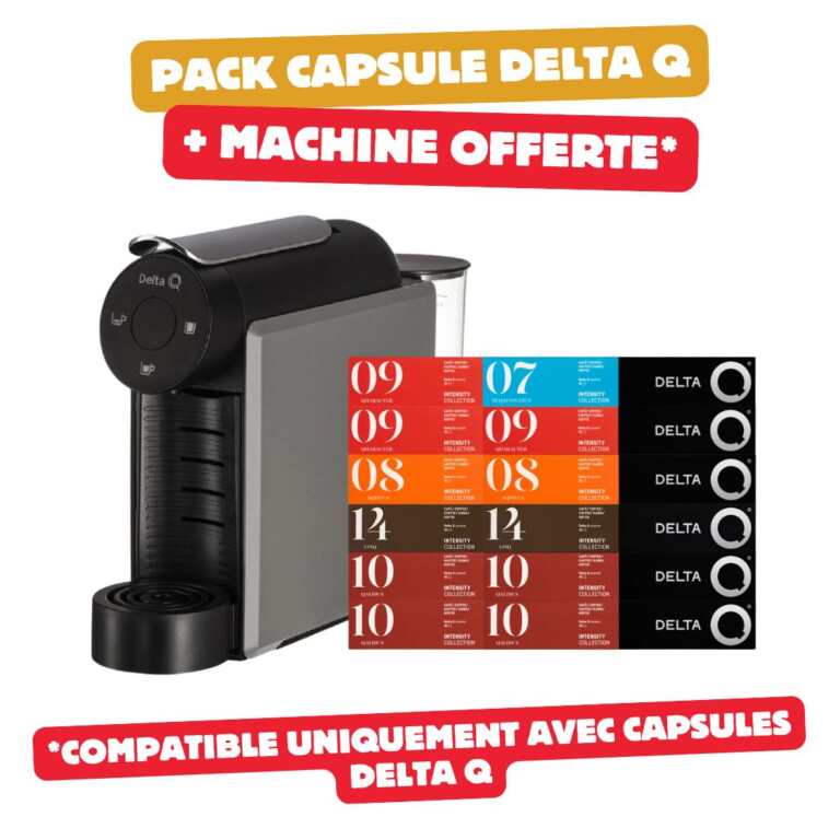 120 įvairių spalvų „Delta Q“ kapsulių pakuotėje yra pilkas „Delta Q Mini Qool“ aparatas, matomi raudoni elementai...