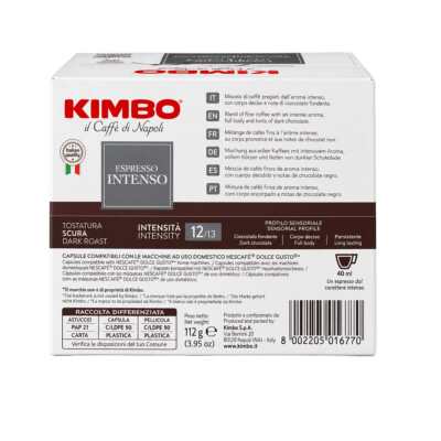 Κουτί με 16 κάψουλες συμβατές με Dolce Gusto Kimbo Intenso, μπροστινή όψη με λογότυπο και βαθμολογία έντασης