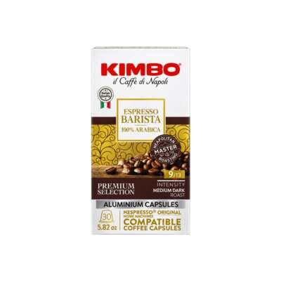 Confezione frontale di capsule Kimbo Barista 100% Arabica: 30 capsule compatibili con Nespresso, prevalentemente bianche e dorate