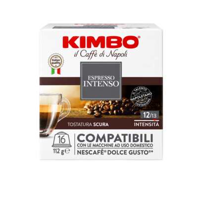 Κουτί με 16 κάψουλες συμβατές με Dolce Gusto Kimbo Intenso, κυρίως λευκές και κόκκινες, ορατό λογότυπο
