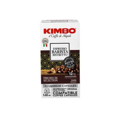 Prednja kutija Kimbo Espresso Barista Ristretto proizvoda — 30 Nespresso kompatibilnih kapsula, smeđe i zlatne boje