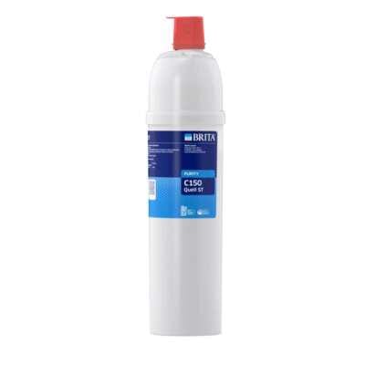 Brita Purity C150 Quell ST filtrirni vložek, pogled od spredaj, bel z rdečim pokrovčkom in modro etiketo