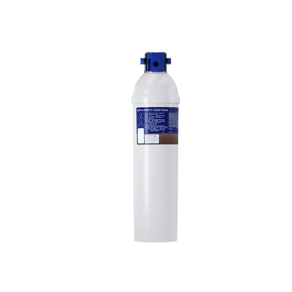 brita-purity-C500-finest Cartouche filtrante Brita Purity C500 Finest, vue de face, couleur blanche et bleue, logo visible