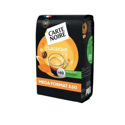 Paket 60 mehkih kapsul Carte Noire Classic št. 5, črne barve z logotipom in oznako združljivosti Senseo