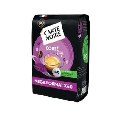 Paket 60 mehkih kapsul Carte Noire Corsé N°7, črne barve z logotipom in stopnjo intenzivnosti
