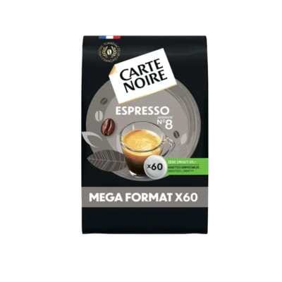 Pakiranje od 60 Carte Noire Espresso Intense N°8 mekih kapsula, crne s logotipom i oznakom intenziteta