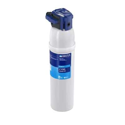 Brita Purity C150 Quell ST filter vložek, pogled od spredaj, bel z modrim pokrovčkom in logotipom Brita