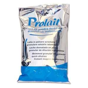 Lait écrémé en poudre PROLAIT en sachet argenté de 500g avec texte bleu sur fond argenté.