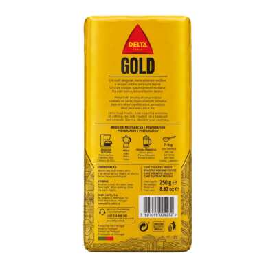 Σακουλάκι 250 γρ. αλεσμένου καφέ Delta Cafés Gold, κίτρινου χρώματος, μπροστινή όψη με ευανάγνωστο λογότυπο και πληροφορίες