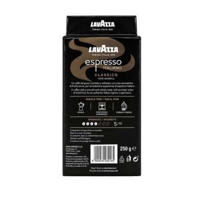 Sachet noir de café moulu Lavazza Qualità Italiano Classico 250 g, dos avec logo et informations détaillées