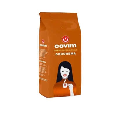 Saco de 1 kg de creme hidratante Covim Orocreme, cor de laranja, com logótipo e ilustração de uma mulher sorridente