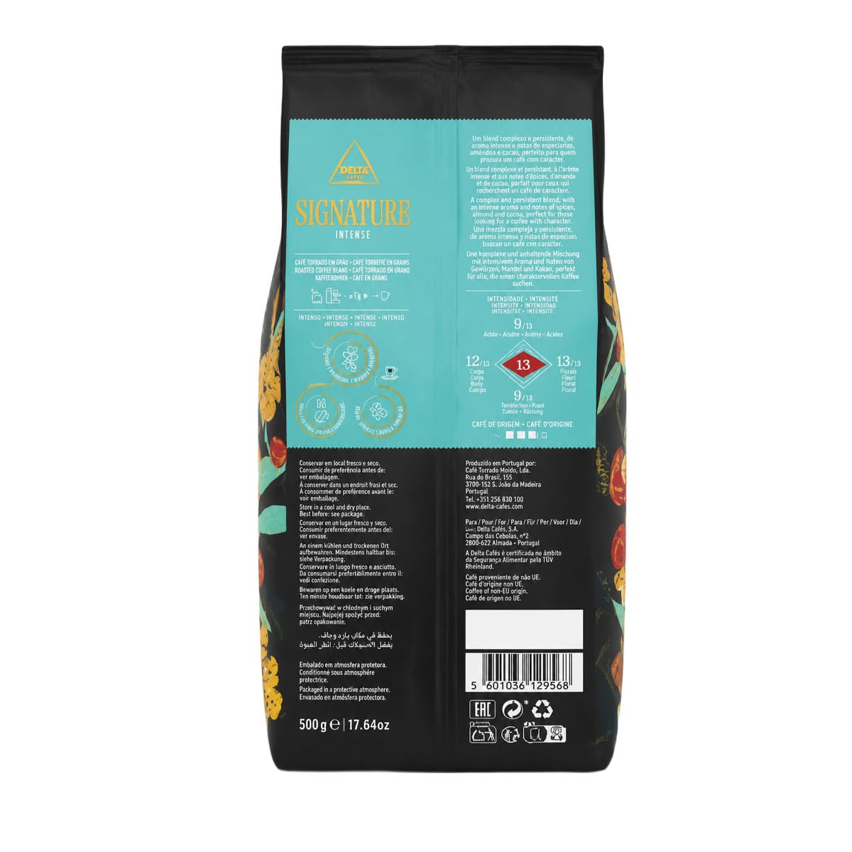 Café Delta Signature Intense 500g - Blend Premium e Encorpado Embalagem de 500g de café em grão Delta Cafés Signature Intense, com informação e logótipo colorido no verso